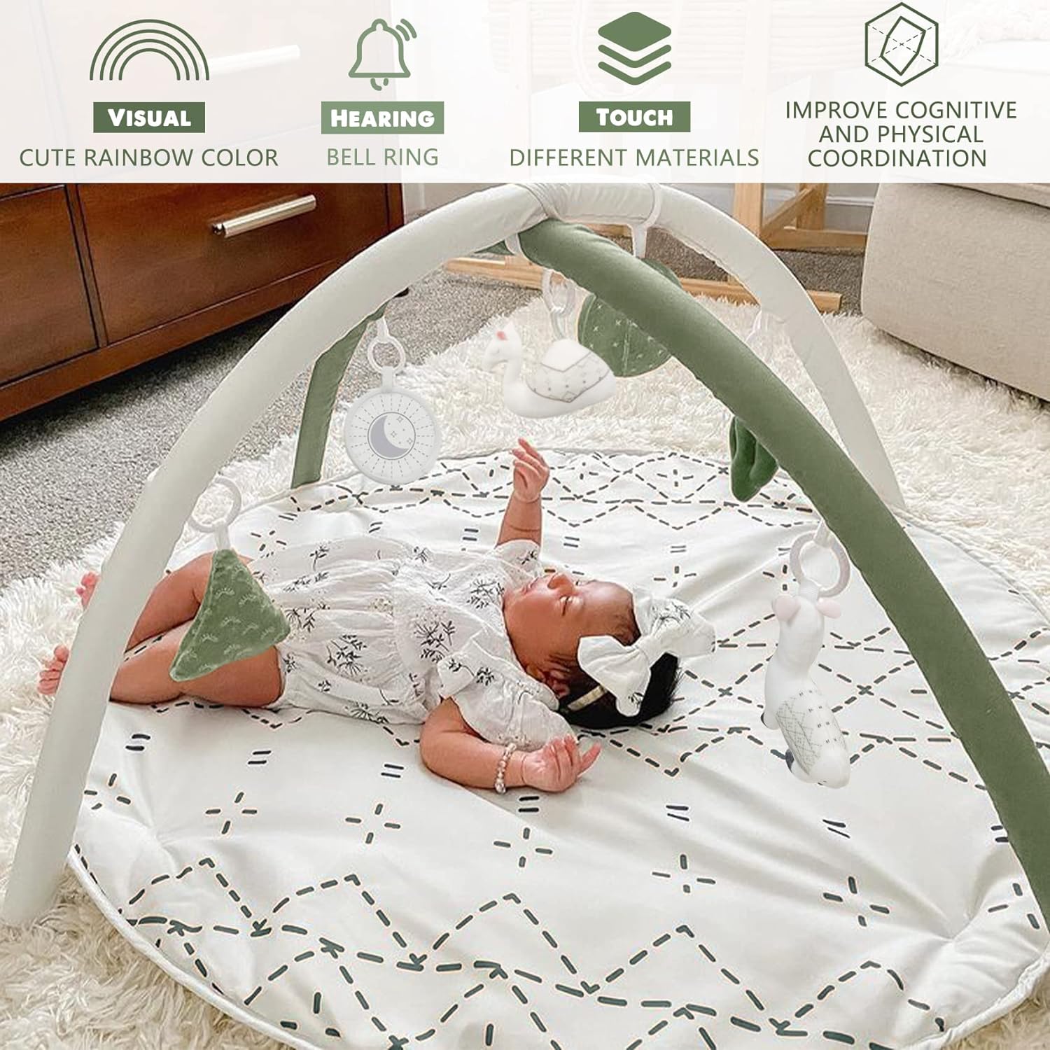 imageTummy Time Mat with 6 Toys Macrame Baby Play Mat for Newborn Baby Gym StageBased Sensory and Motor Skill Development Language Discovery Baby Play Gym Non Slip Mat WashablePale Olive Green