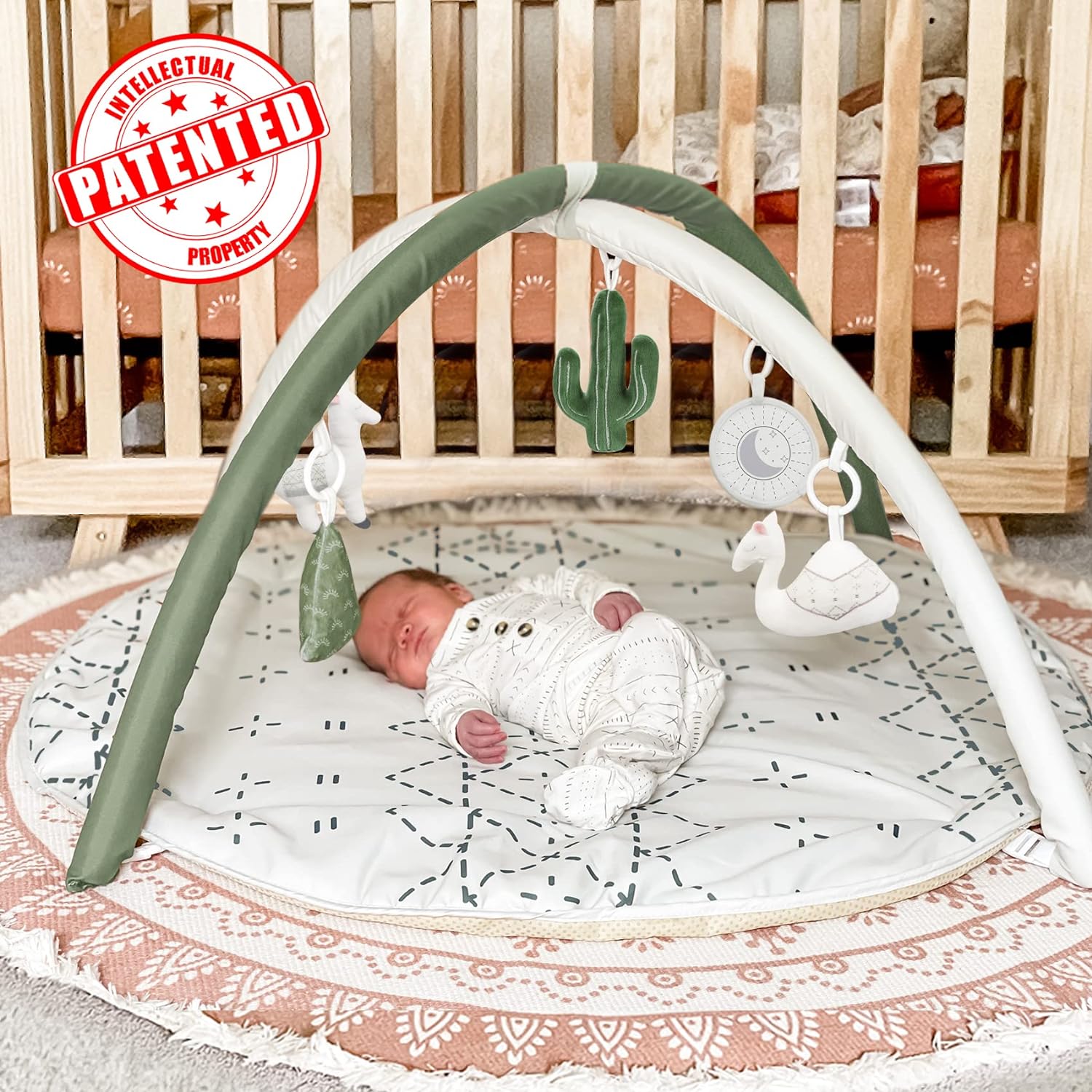imageTummy Time Mat with 6 Toys Macrame Baby Play Mat for Newborn Baby Gym StageBased Sensory and Motor Skill Development Language Discovery Baby Play Gym Non Slip Mat WashablePale Olive Green