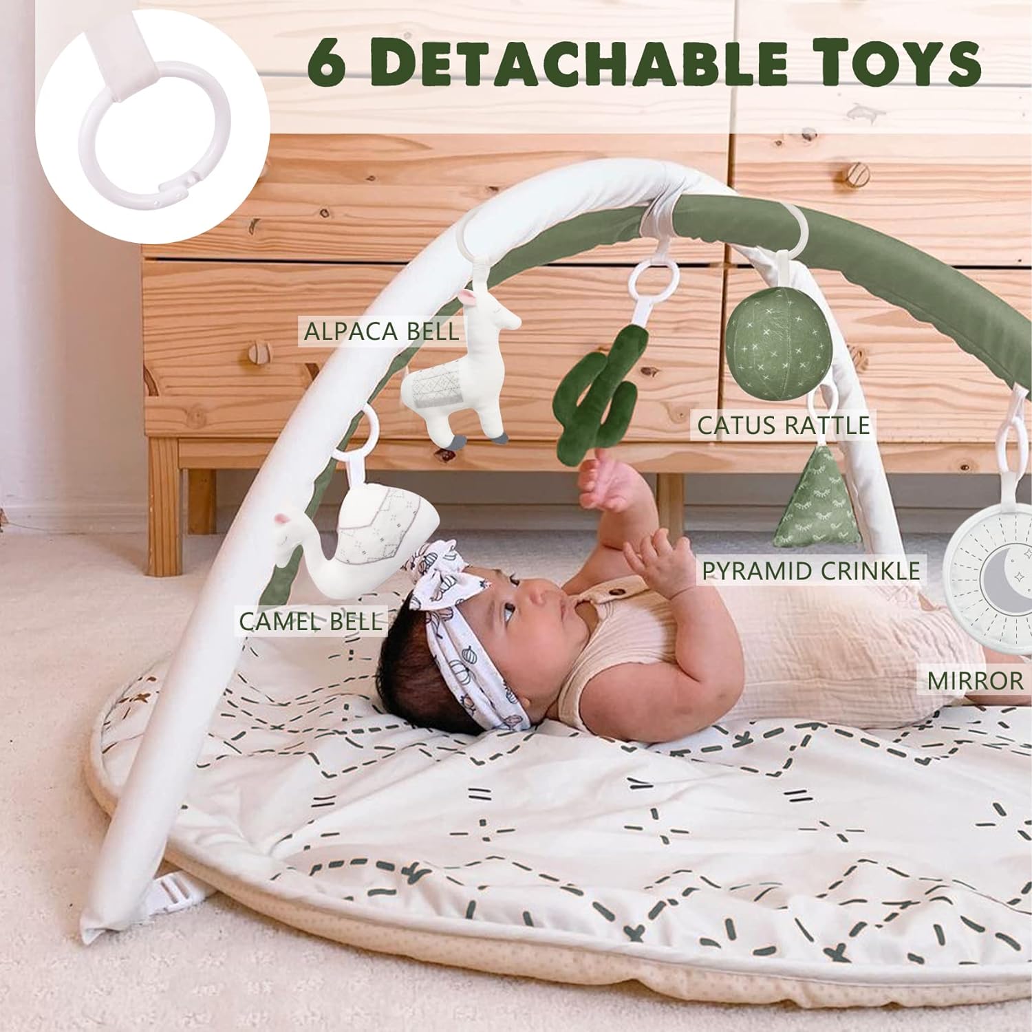 imageTummy Time Mat with 6 Toys Macrame Baby Play Mat for Newborn Baby Gym StageBased Sensory and Motor Skill Development Language Discovery Baby Play Gym Non Slip Mat WashablePale Olive Green
