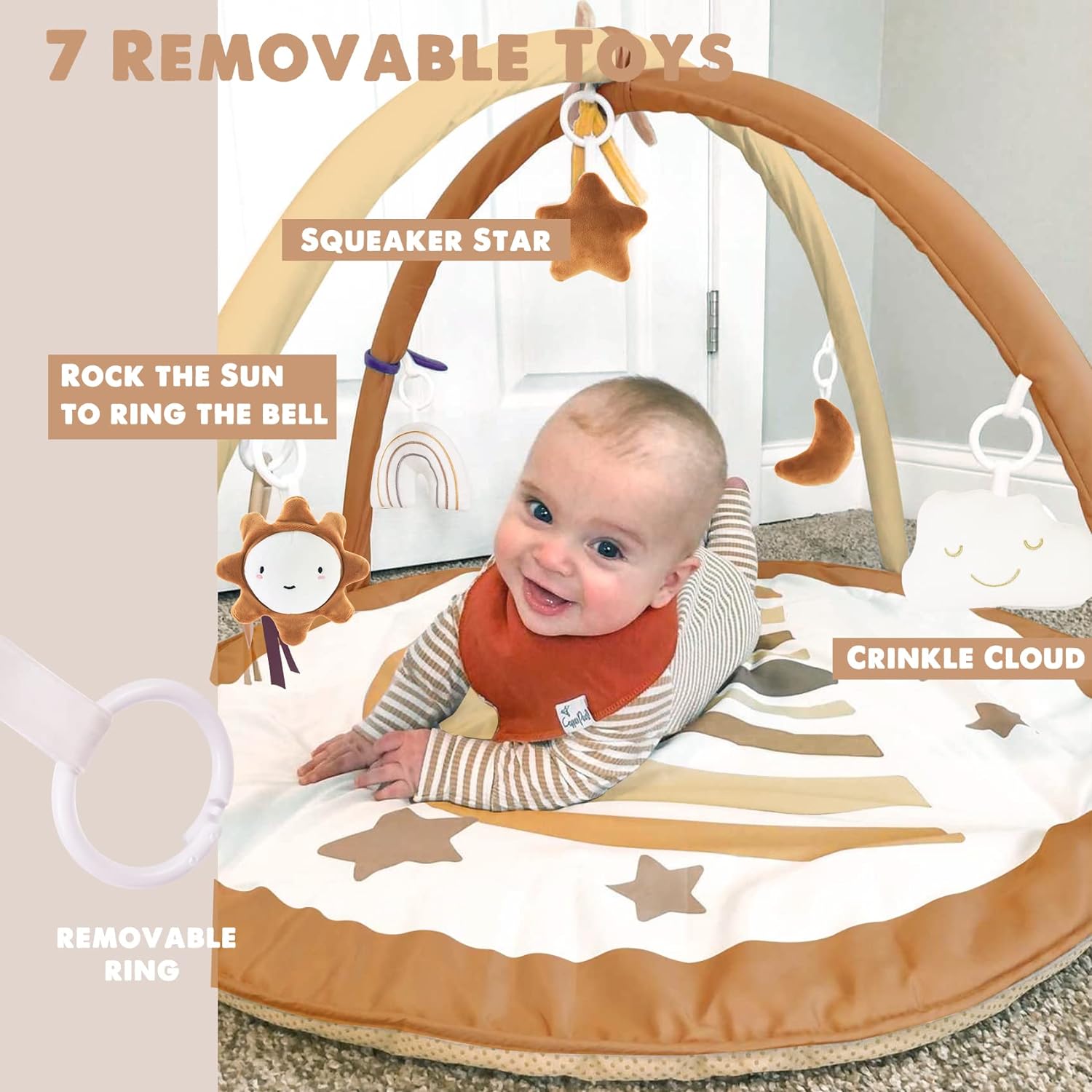 imagelittle dove Baby Gym and Infant Play Mat Rainbow Design for Newborn StageBased Developmental Activity Gym for Babies to Toddlers with 7 Toys and 12 DoubleSided Milestone CardsNeutral Brown