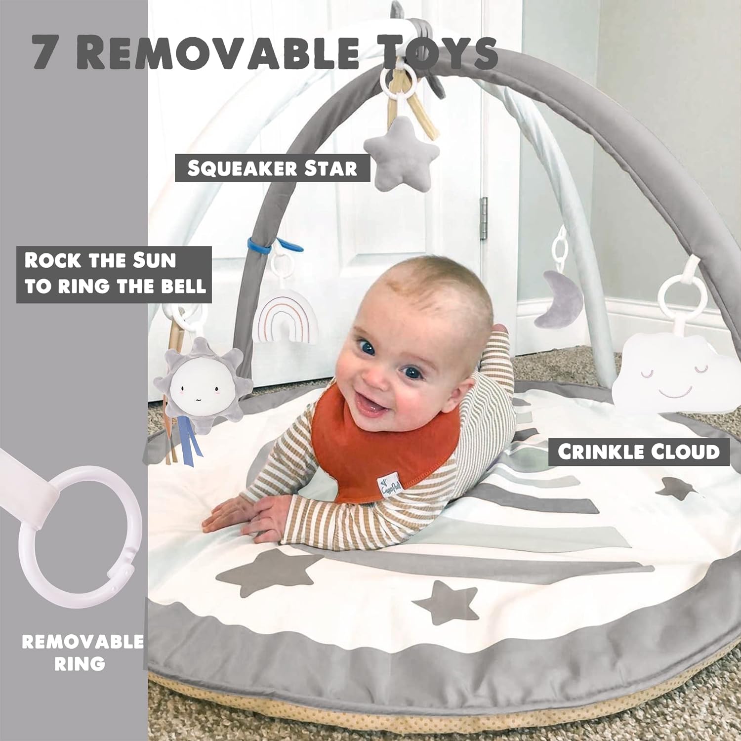imagelittle dove Baby Gym and Infant Play Mat Rainbow Design for Newborn StageBased Developmental Activity Gym for Babies to Toddlers with 7 Toys and 12 DoubleSided Milestone CardsNeutral Grey