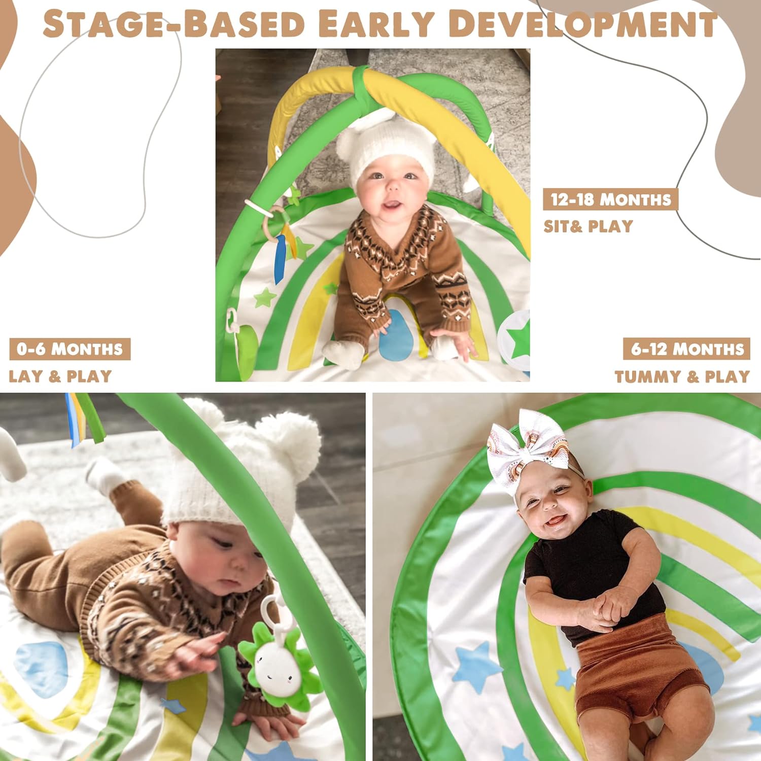 imagelittle dove Baby Gym and Infant Play Mat Rainbow Design for Newborn StageBased Developmental Activity Gym for Babies to Toddlers with 7 Toys and 12 DoubleSided Milestone CardsBright Green