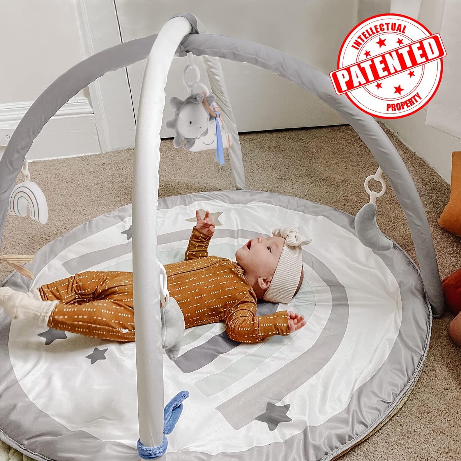 imagelittle dove Baby Gym and Infant Play Mat Rainbow Design for Newborn StageBased Developmental Activity Gym for Babies to Toddlers with 7 Toys and 12 DoubleSided Milestone CardsNeutral Grey