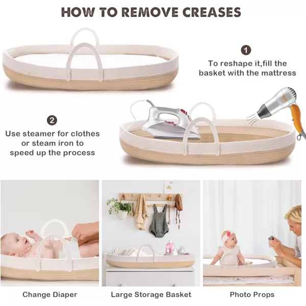 imageBaby Changing Basket Portable Cotton Moses Basket for Babies Nursery Set with Waterproof Leather PadThick Diaper Changing Pad Leaf Shape CushionStorage Bag Cotton Rope Changing Table TopperBrown Basket