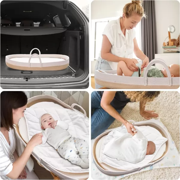 imageBaby Changing Basket Portable Cotton Moses Basket for Babies Nursery Set with Waterproof Leather PadThick Diaper Changing Pad Leaf Shape CushionStorage Bag Cotton Rope Changing Table TopperBrown Basket
