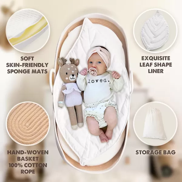 imageBaby Changing Basket Portable Cotton Moses Basket for Babies Nursery Set with Waterproof Leather PadThick Diaper Changing Pad Leaf Shape CushionStorage Bag Cotton Rope Changing Table TopperBrown Basket