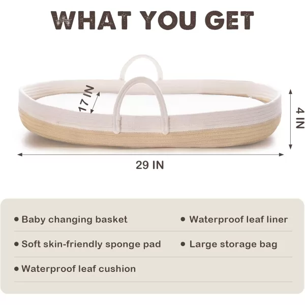 imageBaby Changing Basket Portable Cotton Moses Basket for Babies Nursery Set with Waterproof Leather PadThick Diaper Changing Pad Leaf Shape CushionStorage Bag Cotton Rope Changing Table TopperBrown Basket