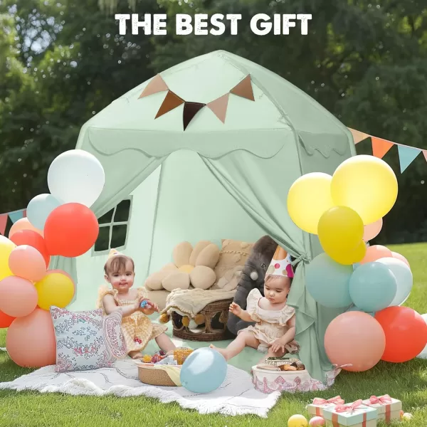 imageExtra Large Kids Play Tent with Flags amp Star Lights Portable amp Foldable Teepee Bed Tent Bed Canopy for Boys amp Girls Indoor Outdoor Dome Tent Playhouse Kids Birthday Gift 59x39x59 in CreamGreen