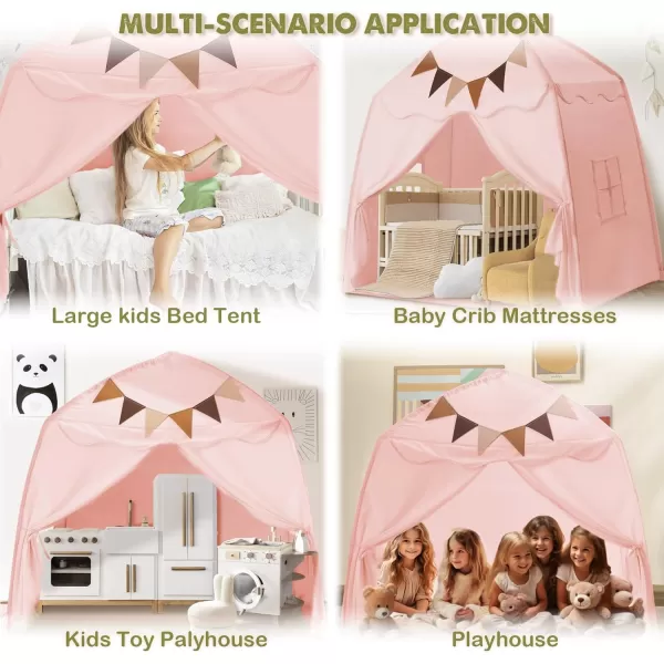 imageExtra Large Kids Play Tent with Flags amp Star Lights Portable amp Foldable Teepee Bed Tent Bed Canopy for Boys amp Girls Indoor Outdoor Dome Tent Playhouse Kids Birthday Gift 59x39x59 in CreamPink