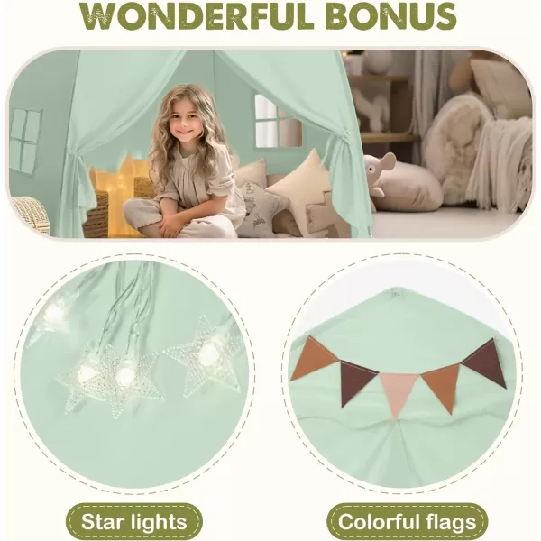 imageExtra Large Kids Play Tent with Flags amp Star Lights Portable amp Foldable Teepee Bed Tent Bed Canopy for Boys amp Girls Indoor Outdoor Dome Tent Playhouse Kids Birthday Gift 59x39x59 in CreamGreen