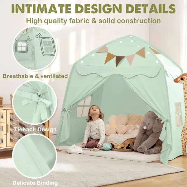 imageExtra Large Kids Play Tent with Flags amp Star Lights Portable amp Foldable Teepee Bed Tent Bed Canopy for Boys amp Girls Indoor Outdoor Dome Tent Playhouse Kids Birthday Gift 59x39x59 in CreamGreen