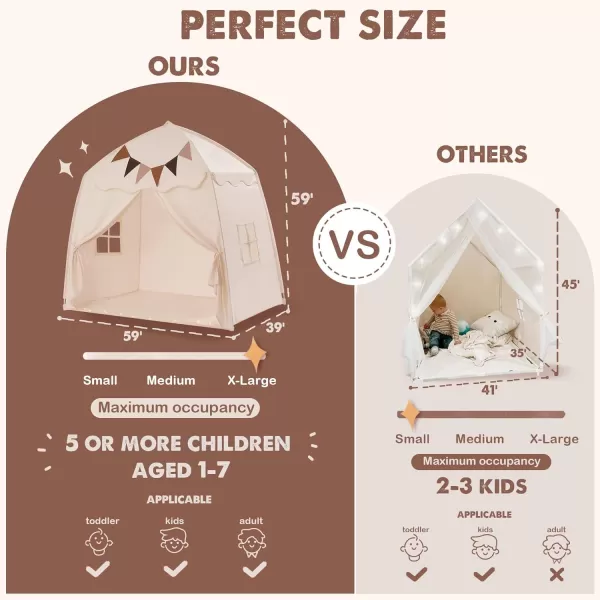 imageExtra Large Kids Play Tent with Flags amp Star Lights Portable amp Foldable Teepee Bed Tent Bed Canopy for Boys amp Girls Indoor Outdoor Dome Tent Playhouse Kids Birthday Gift 59x39x59 in CreamCream