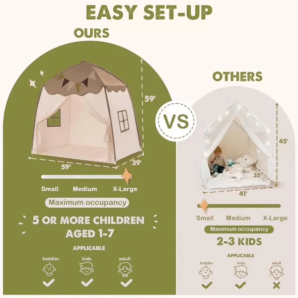 imageExtra Large Kids Play Tent with Flags amp Star Lights Portable amp Foldable Teepee Bed Tent Bed Canopy for Boys amp Girls Indoor Outdoor Dome Tent Playhouse Kids Birthday Gift 59x39x59 in CreamBrown