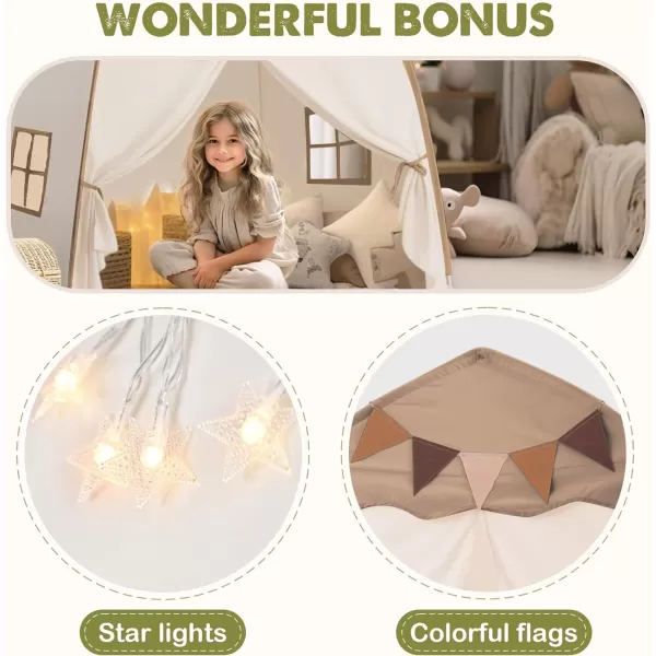 imageExtra Large Kids Play Tent with Flags amp Star Lights Portable amp Foldable Teepee Bed Tent Bed Canopy for Boys amp Girls Indoor Outdoor Dome Tent Playhouse Kids Birthday Gift 59x39x59 in CreamBrown