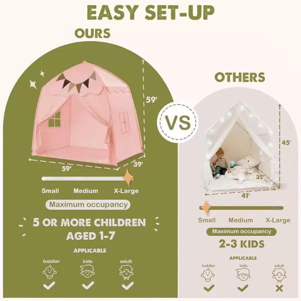 imageExtra Large Kids Play Tent with Flags amp Star Lights Portable amp Foldable Teepee Bed Tent Bed Canopy for Boys amp Girls Indoor Outdoor Dome Tent Playhouse Kids Birthday Gift 59x39x59 in CreamPink