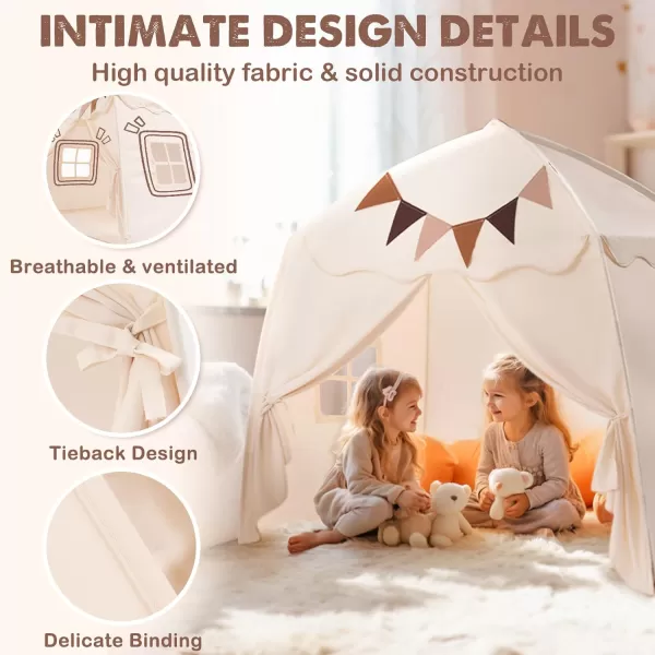imageExtra Large Kids Play Tent with Flags amp Star Lights Portable amp Foldable Teepee Bed Tent Bed Canopy for Boys amp Girls Indoor Outdoor Dome Tent Playhouse Kids Birthday Gift 59x39x59 in CreamCream