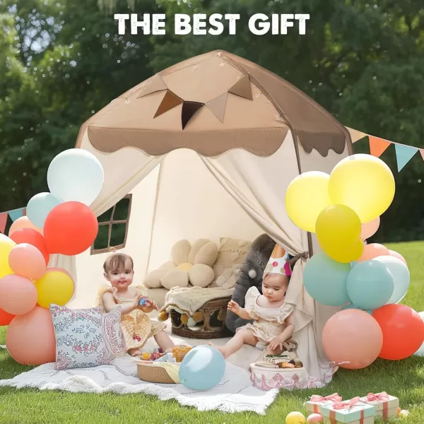 imageExtra Large Kids Play Tent with Flags amp Star Lights Portable amp Foldable Teepee Bed Tent Bed Canopy for Boys amp Girls Indoor Outdoor Dome Tent Playhouse Kids Birthday Gift 59x39x59 in CreamBrown