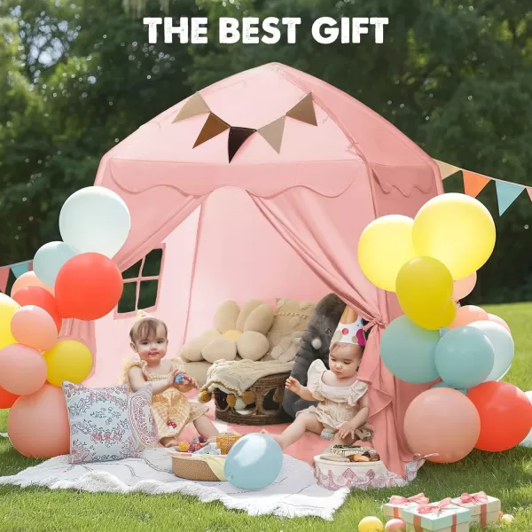 imageExtra Large Kids Play Tent with Flags amp Star Lights Portable amp Foldable Teepee Bed Tent Bed Canopy for Boys amp Girls Indoor Outdoor Dome Tent Playhouse Kids Birthday Gift 59x39x59 in CreamPink