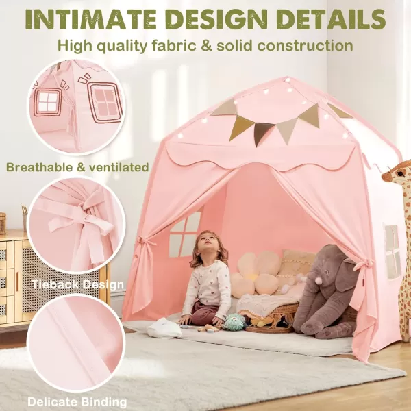 imageExtra Large Kids Play Tent with Flags amp Star Lights Portable amp Foldable Teepee Bed Tent Bed Canopy for Boys amp Girls Indoor Outdoor Dome Tent Playhouse Kids Birthday Gift 59x39x59 in CreamPink