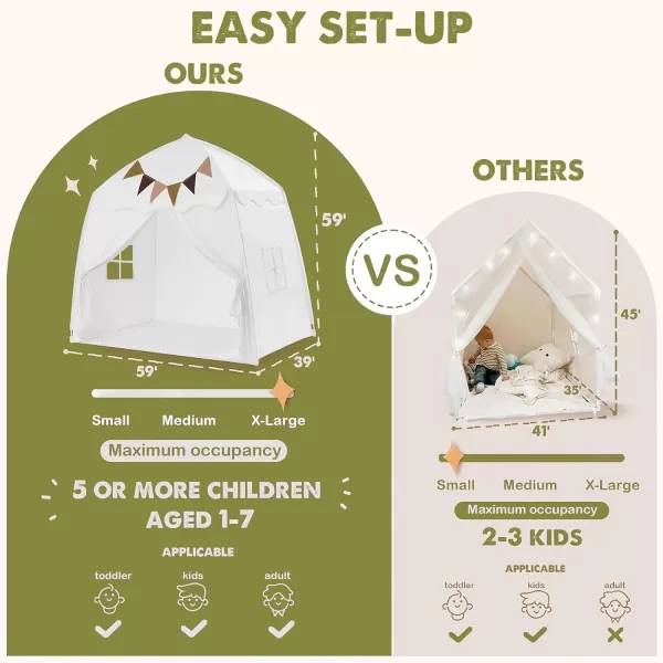 imageExtra Large Kids Play Tent with Flags amp Star Lights Portable amp Foldable Teepee Bed Tent Bed Canopy for Boys amp Girls Indoor Outdoor Dome Tent Playhouse Kids Birthday Gift 59x39x59 in CreamWhite