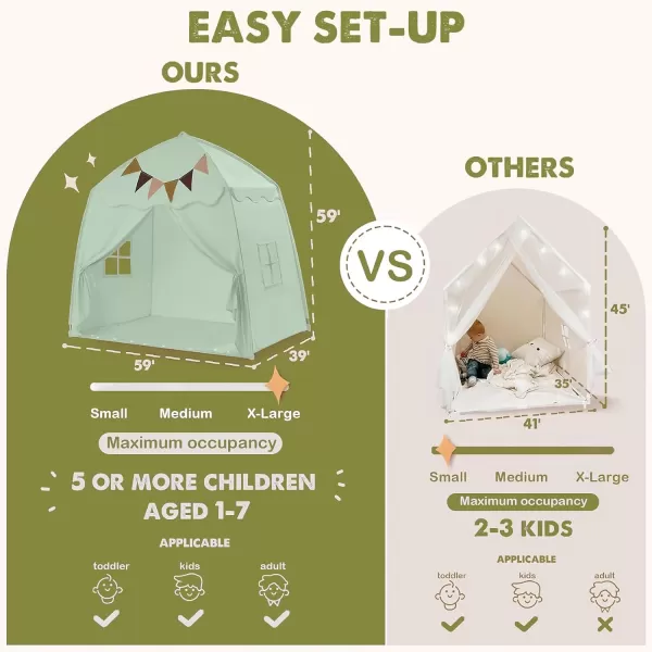 imageExtra Large Kids Play Tent with Flags amp Star Lights Portable amp Foldable Teepee Bed Tent Bed Canopy for Boys amp Girls Indoor Outdoor Dome Tent Playhouse Kids Birthday Gift 59x39x59 in CreamGreen