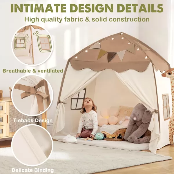 imageExtra Large Kids Play Tent with Flags amp Star Lights Portable amp Foldable Teepee Bed Tent Bed Canopy for Boys amp Girls Indoor Outdoor Dome Tent Playhouse Kids Birthday Gift 59x39x59 in CreamBrown