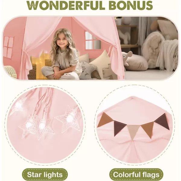 imageExtra Large Kids Play Tent with Flags amp Star Lights Portable amp Foldable Teepee Bed Tent Bed Canopy for Boys amp Girls Indoor Outdoor Dome Tent Playhouse Kids Birthday Gift 59x39x59 in CreamPink