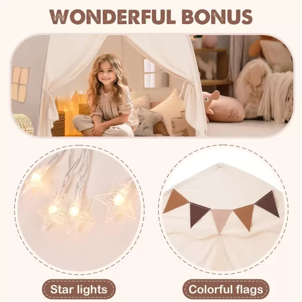 imageExtra Large Kids Play Tent with Flags amp Star Lights Portable amp Foldable Teepee Bed Tent Bed Canopy for Boys amp Girls Indoor Outdoor Dome Tent Playhouse Kids Birthday Gift 59x39x59 in CreamCream