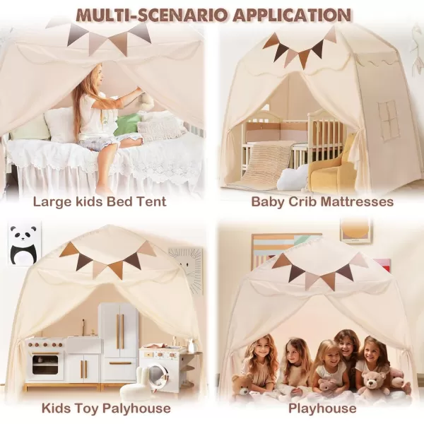 imageExtra Large Kids Play Tent with Flags amp Star Lights Portable amp Foldable Teepee Bed Tent Bed Canopy for Boys amp Girls Indoor Outdoor Dome Tent Playhouse Kids Birthday Gift 59x39x59 in CreamCream