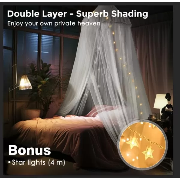 imageLarge Bed Canopy with Star Lights Double Layer Canopy for Bed Princess Play Tent for Girls Room Breathable Canopy Bed Curtain for Children Reading Nook Machine Washable Canopy 40x106 GreenMedium Soft Gray
