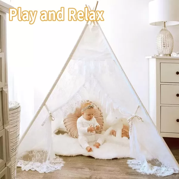 imageTeepee Tent for Kids Foldable Teepee Play Tent with Fairy Lights Carry Case Water Resistance Pretend Camp Fire Four Poles Style Raw White Color  New Version Tiny House little doveLace Style