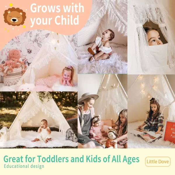 imageTeepee Tent for Kids Foldable Teepee Play Tent with Fairy Lights Carry Case Water Resistance Pretend Camp Fire Four Poles Style Raw White Color  New Version Tiny House little doveLace Style