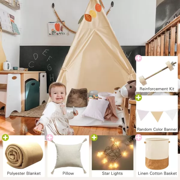 imageTeepee Tent for Kids Foldable Teepee Play Tent with Fairy Lights Carry Case Water Resistance Pretend Camp Fire Four Poles Style Raw White Color  New Version Tiny House little doveTeepee With Pillow