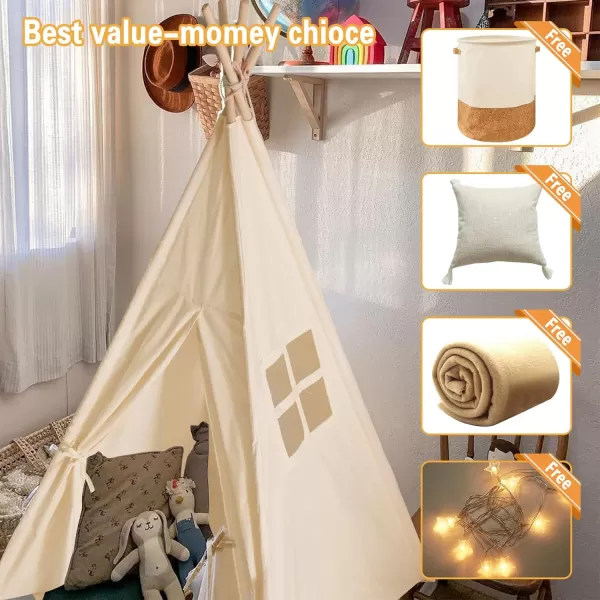 imageTeepee Tent for Kids Foldable Teepee Play Tent with Fairy Lights Carry Case Water Resistance Pretend Camp Fire Four Poles Style Raw White Color  New Version Tiny House little doveTeepee With Pillow