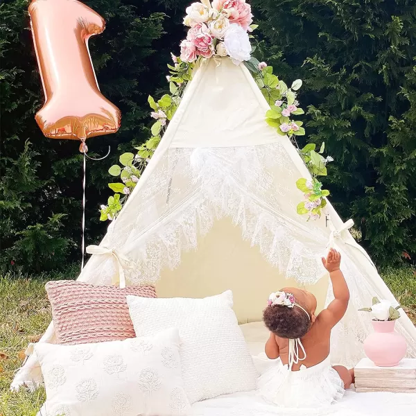 imageTeepee Tent for Kids Foldable Teepee Play Tent with Fairy Lights Carry Case Water Resistance Pretend Camp Fire Four Poles Style Raw White Color  New Version Tiny House little doveLace Style