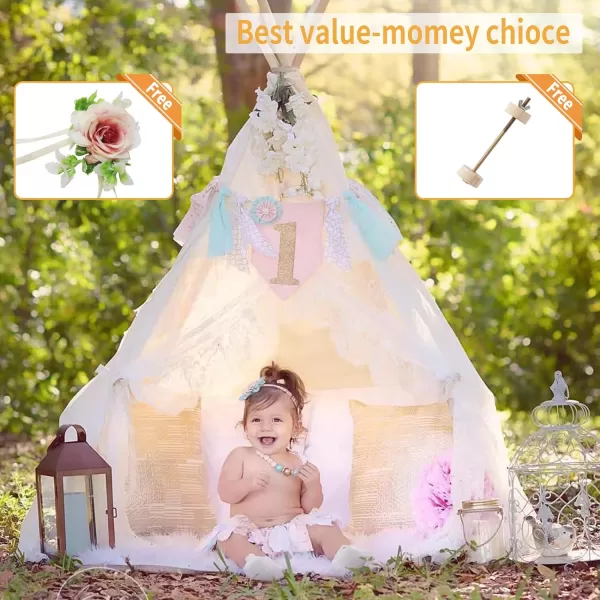 imageTeepee Tent for Kids Foldable Teepee Play Tent with Fairy Lights Carry Case Water Resistance Pretend Camp Fire Four Poles Style Raw White Color  New Version Tiny House little doveLace Style