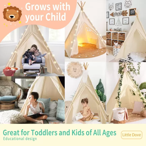 imageTeepee Tent for Kids Foldable Teepee Play Tent with Fairy Lights Carry Case Water Resistance Pretend Camp Fire Four Poles Style Raw White Color  New Version Tiny House little doveTeepee With Pillow