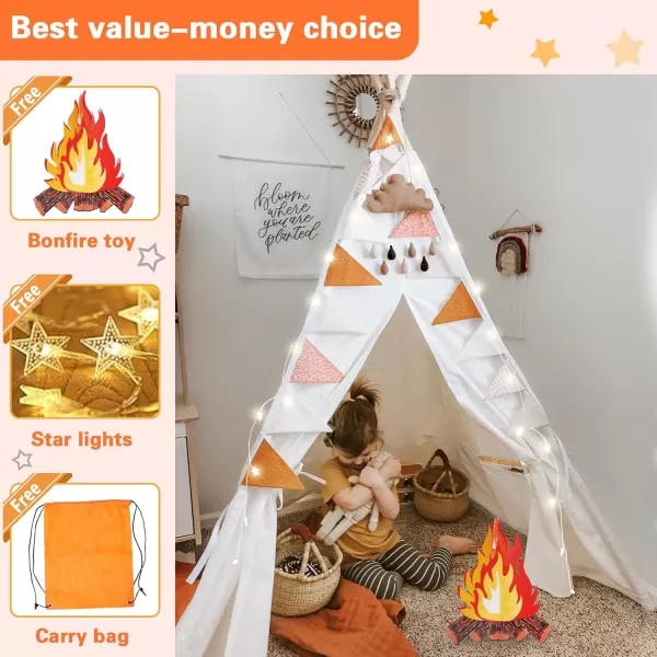 imageTeepee Tent for Kids Foldable Teepee Play Tent with Fairy Lights Carry Case Water Resistance Pretend Camp Fire Four Poles Style Raw White Color  New Version Tiny House little doveTeepee
