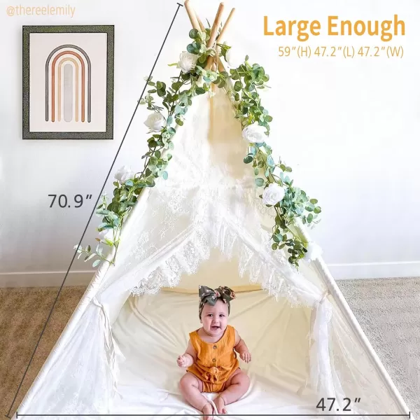 imageTeepee Tent for Kids Foldable Teepee Play Tent with Fairy Lights Carry Case Water Resistance Pretend Camp Fire Four Poles Style Raw White Color  New Version Tiny House little doveLace Style