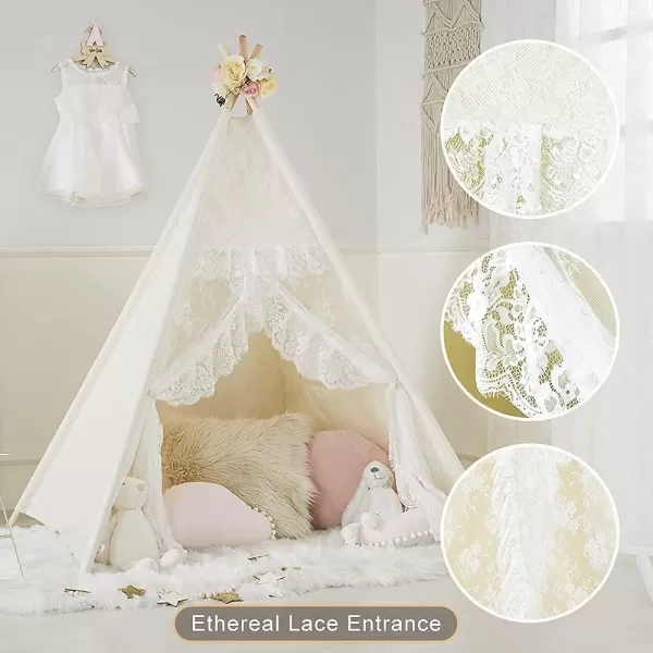 imageTeepee Tent for Kids Foldable Teepee Play Tent with Fairy Lights Carry Case Water Resistance Pretend Camp Fire Four Poles Style Raw White Color  New Version Tiny House little doveLace Style