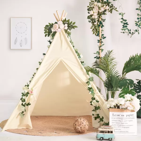 imageTeepee Tent for Kids Foldable Teepee Play Tent with Fairy Lights Carry Case Water Resistance Pretend Camp Fire Four Poles Style Raw White Color  New Version Tiny House little doveTeepee With Pillow