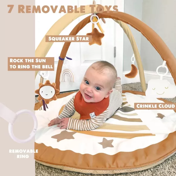 imagelittle dove Baby Gym and Infant Play Mat Rainbow Design for Newborn StageBased Developmental Activity Gym for Babies to Toddlers with 7 Toys and 12 DoubleSided Milestone CardsNeutral Brown