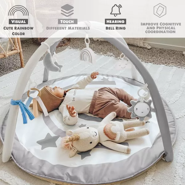 imagelittle dove Baby Gym and Infant Play Mat Rainbow Design for Newborn StageBased Developmental Activity Gym for Babies to Toddlers with 7 Toys and 12 DoubleSided Milestone CardsNeutral Grey