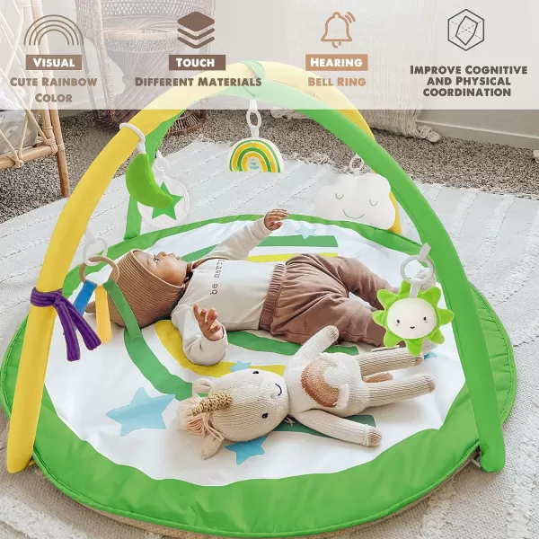 imagelittle dove Baby Gym and Infant Play Mat Rainbow Design for Newborn StageBased Developmental Activity Gym for Babies to Toddlers with 7 Toys and 12 DoubleSided Milestone CardsBright Green