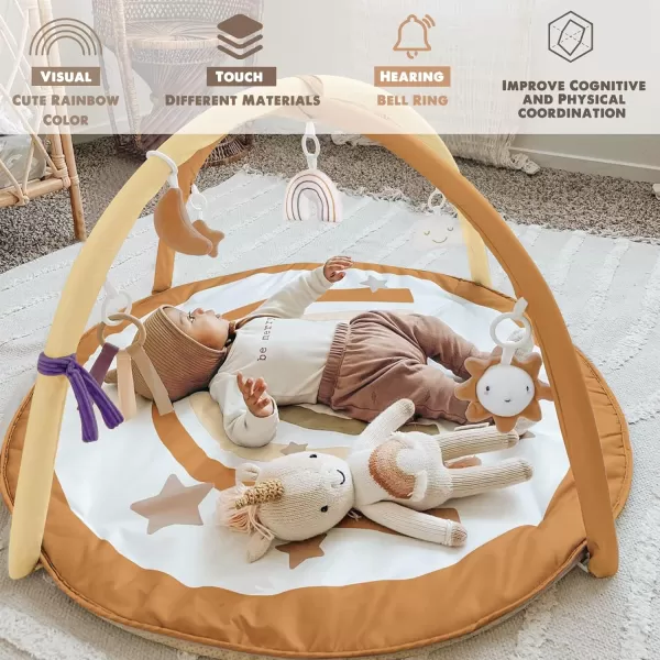 imagelittle dove Baby Gym and Infant Play Mat Rainbow Design for Newborn StageBased Developmental Activity Gym for Babies to Toddlers with 7 Toys and 12 DoubleSided Milestone CardsNeutral Brown