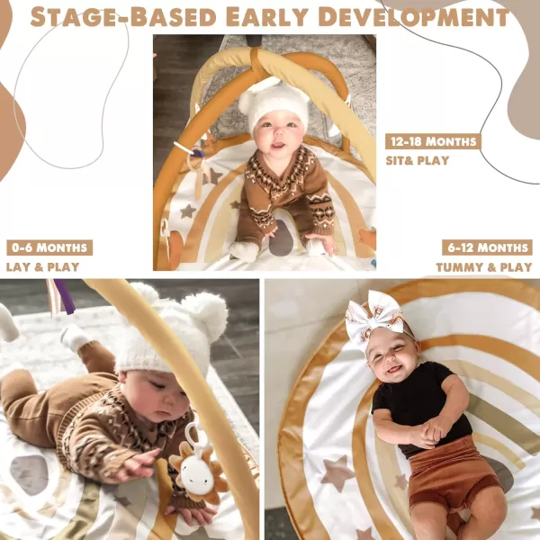 imagelittle dove Baby Gym and Infant Play Mat Rainbow Design for Newborn StageBased Developmental Activity Gym for Babies to Toddlers with 7 Toys and 12 DoubleSided Milestone CardsNeutral Brown