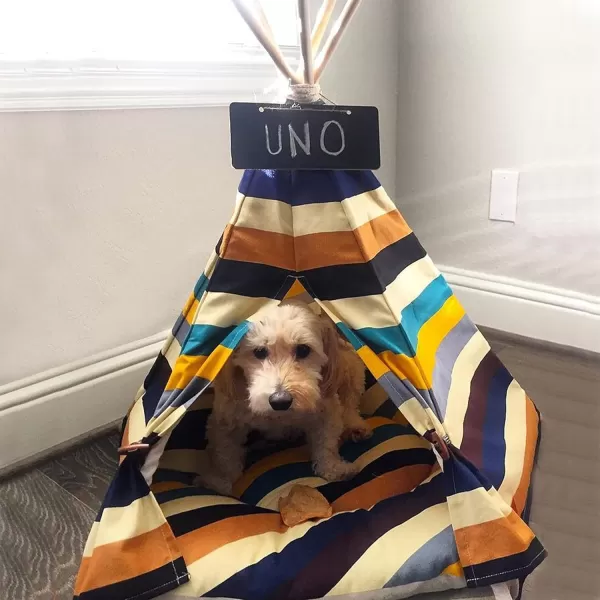 imagelittle dove Pet Teepee House Fold Away Pet Tent Furniture Cat Bed with Cushion 28 Inch Beige Pompom24 Inch Colorful no cushion