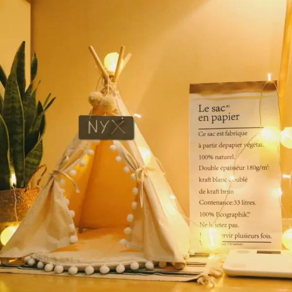 imagelittle dove Pet Teepee House Fold Away Pet Tent Furniture Cat Bed with Cushion 28 Inch Beige PompomBeige with Pad
