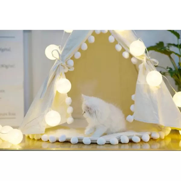 imagelittle dove Pet Teepee House Fold Away Pet Tent Furniture Cat Bed with Cushion 28 Inch Beige PompomBeige with Pad