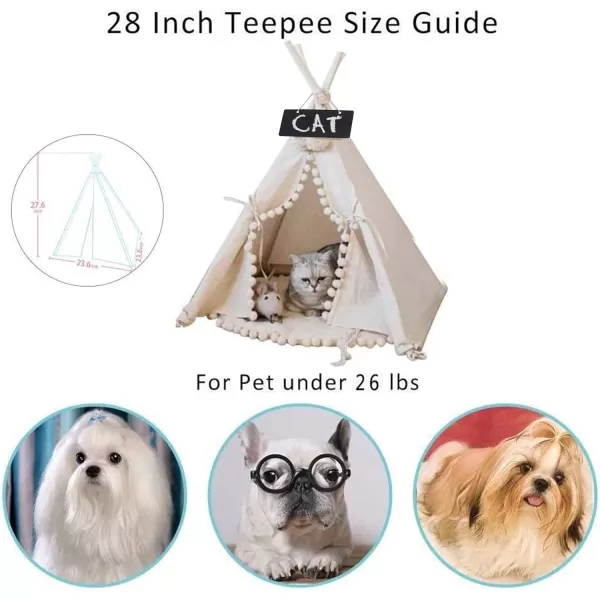 imagelittle dove Pet Teepee House Fold Away Pet Tent Furniture Cat Bed with Cushion 28 Inch Beige PompomBeige with Pad